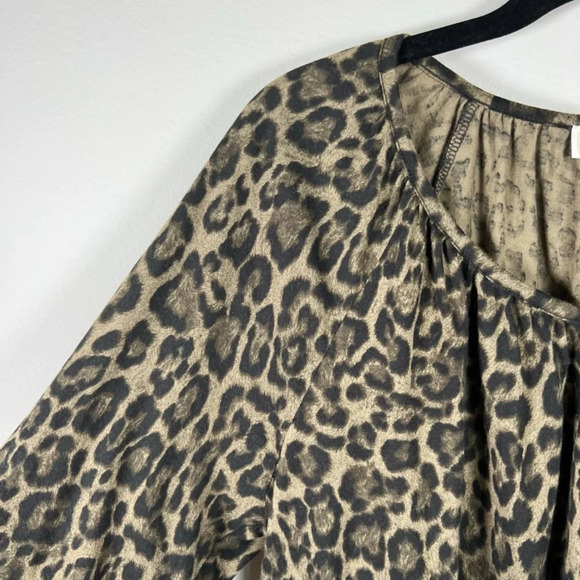 Michael Kors Women's Leopard Print Blouse Tan Black Peasant Mob Wife Flowy Large - Picture 4 of 13